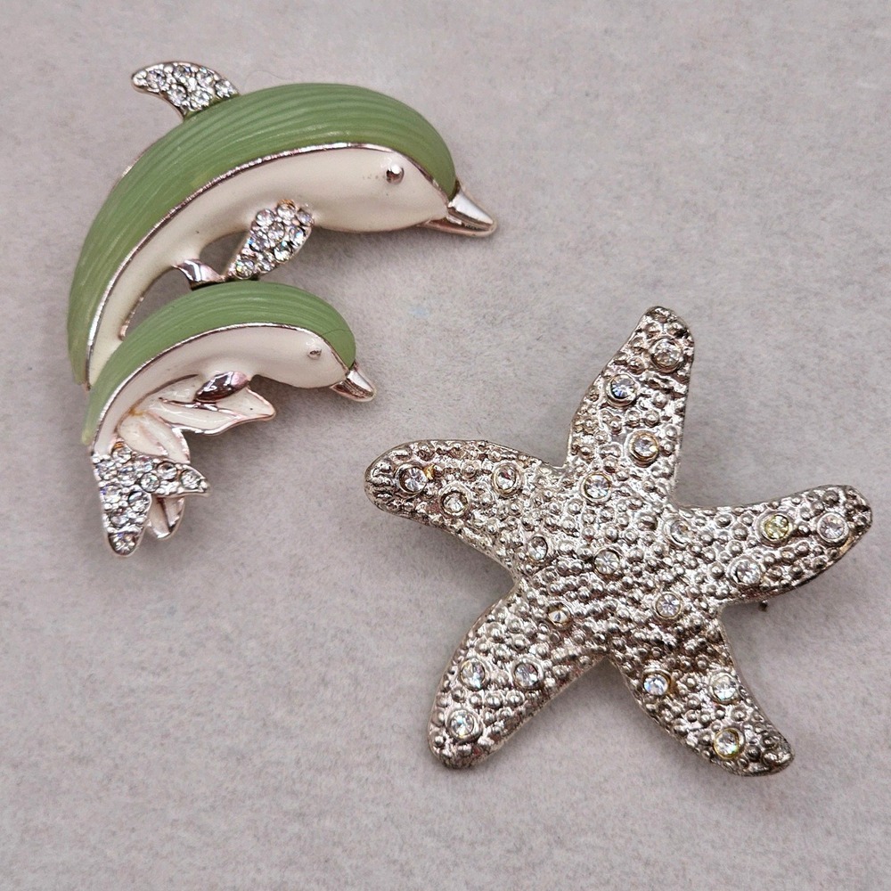 Tropical Brooches Napier Rhinestone Dolphin Starfish Pin Set Enamel Nautical